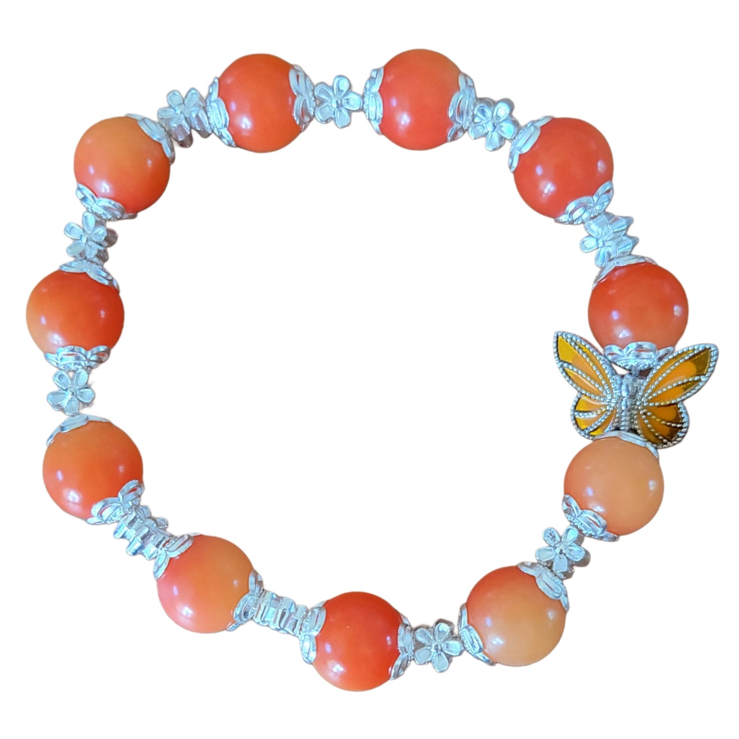 Bodhi Bracelet- Orange with silver flower spacers and caps and butterfly charm