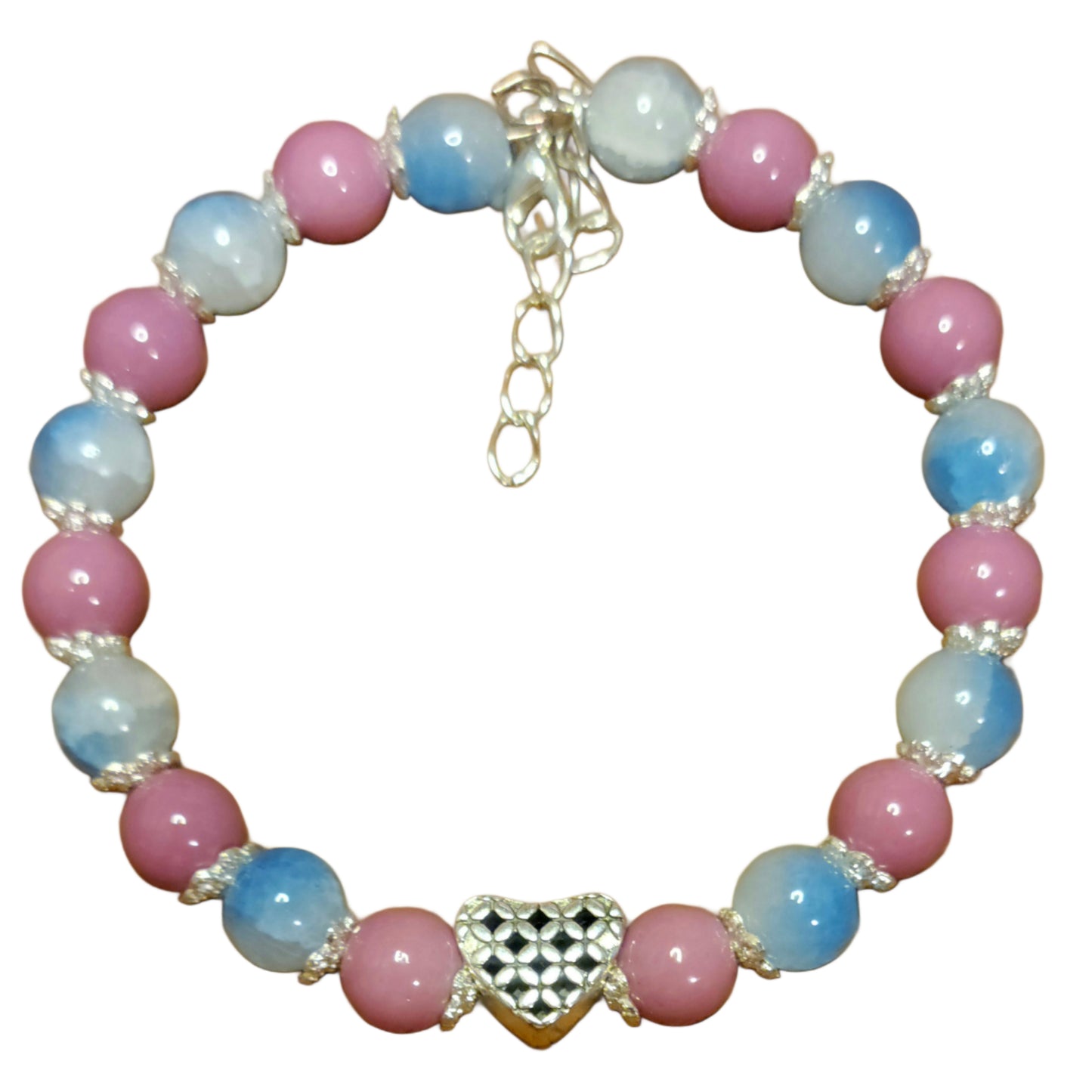 Glass Bead Bracelet- Adjustable Pink & Blue w/ Heart Charm