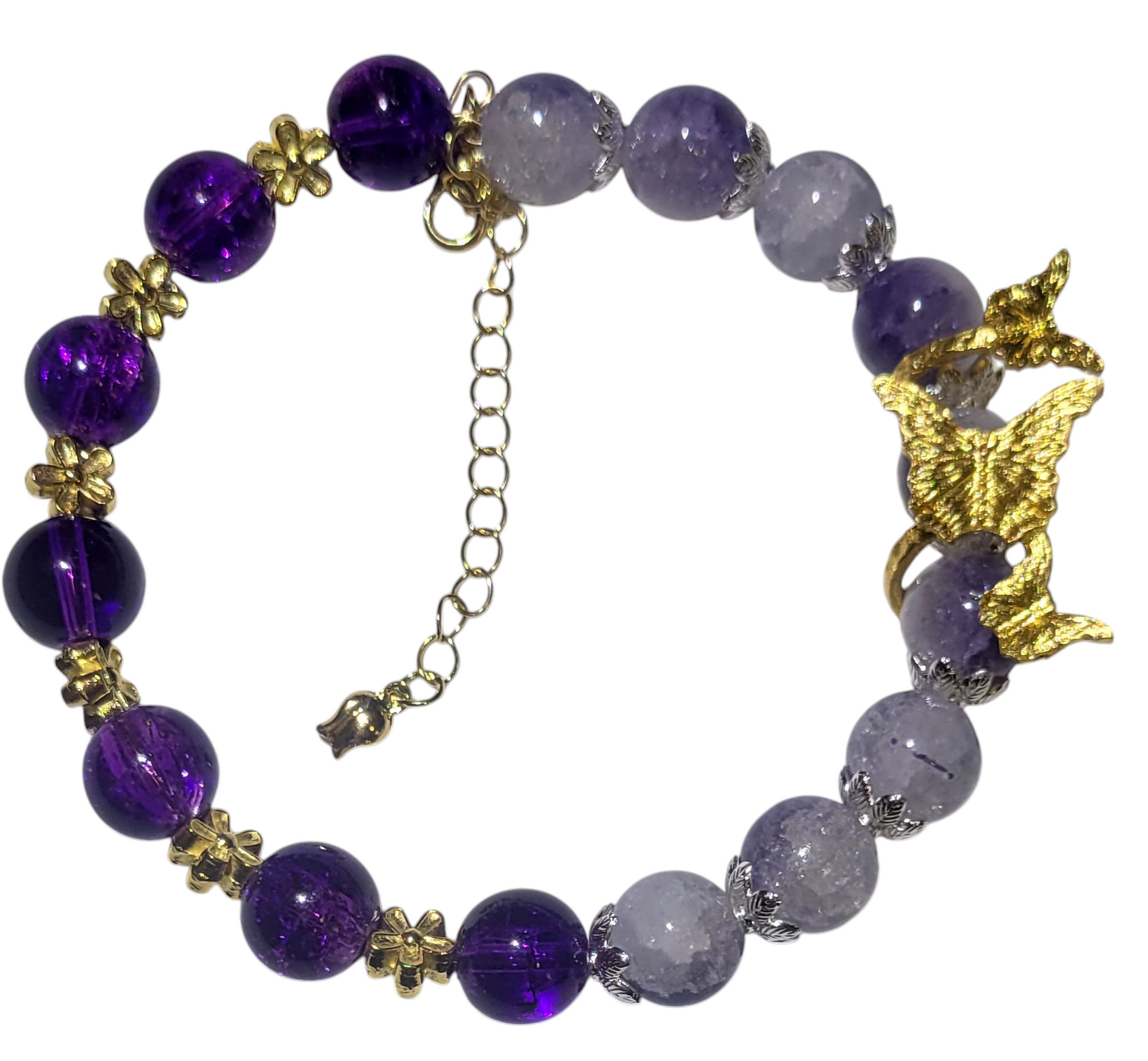Glass Bead Bracelet- Adjustable-Purple w/Golden Butterfly