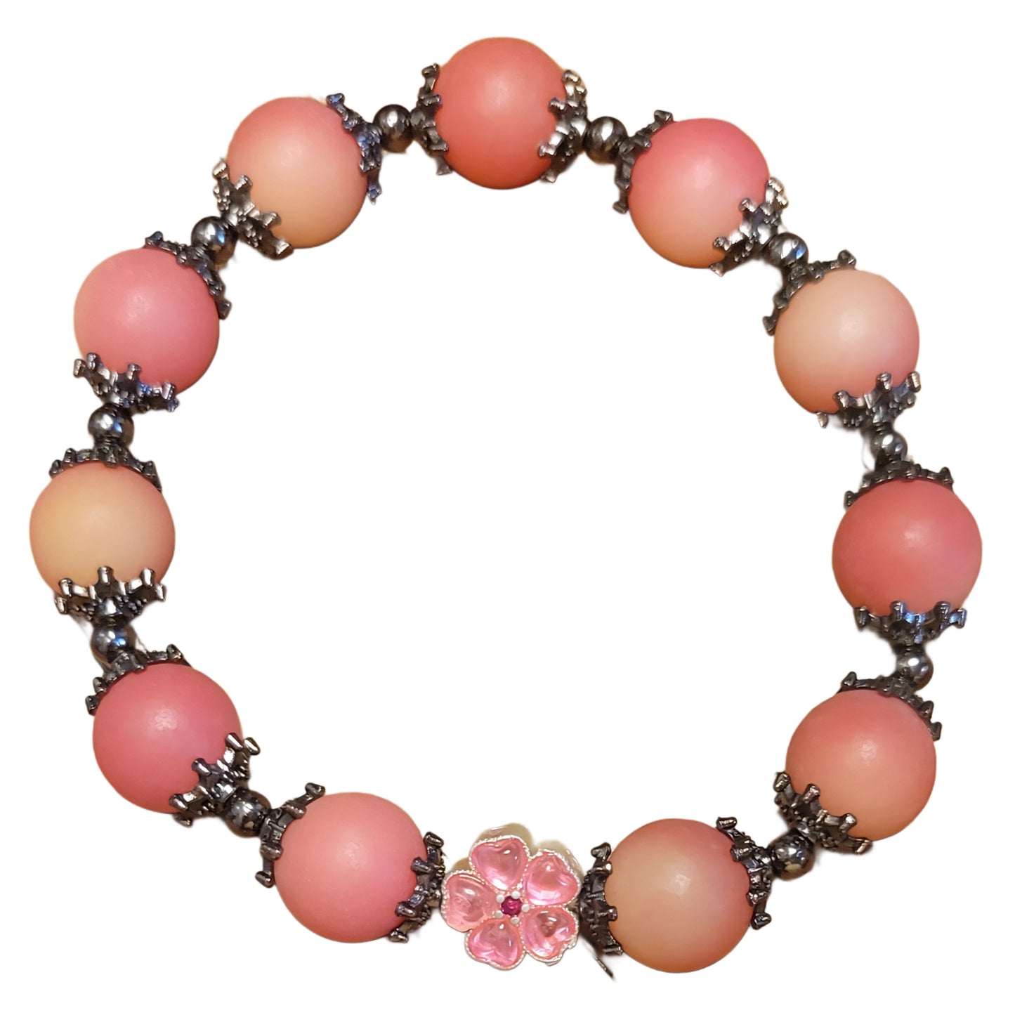 Bodhi Bead Bracelet- Matte w/Black Caps & Spacers w/ Pink Flower Charm