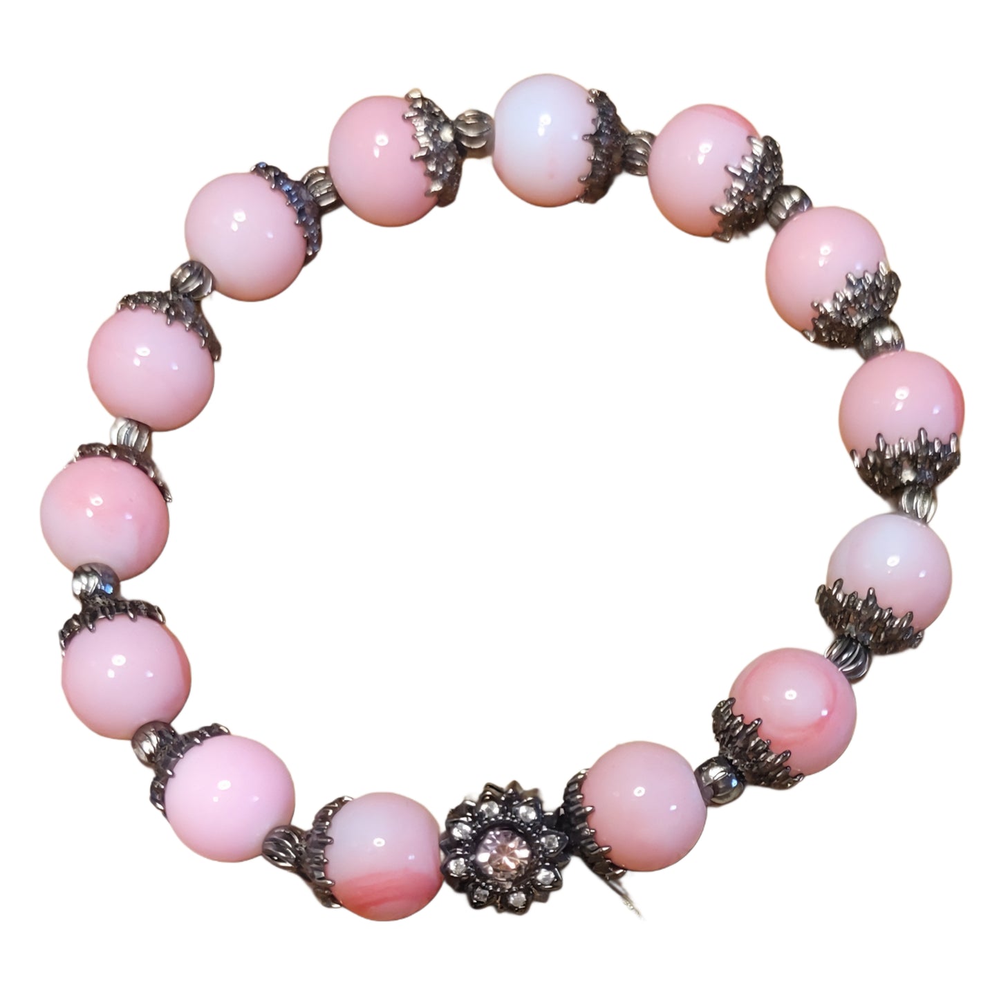 Glass Bead Bracelet- Pink w/ Black Caps, Spacers & Charm