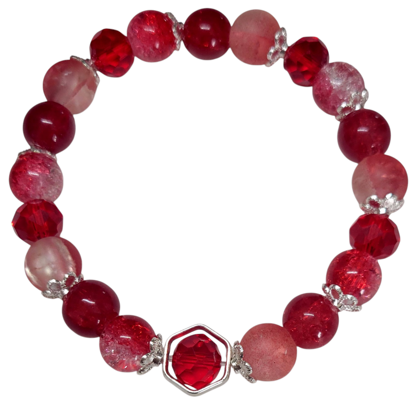 Glass Bead Bracelet- Red w/Faceted & Matte & Silver Frame