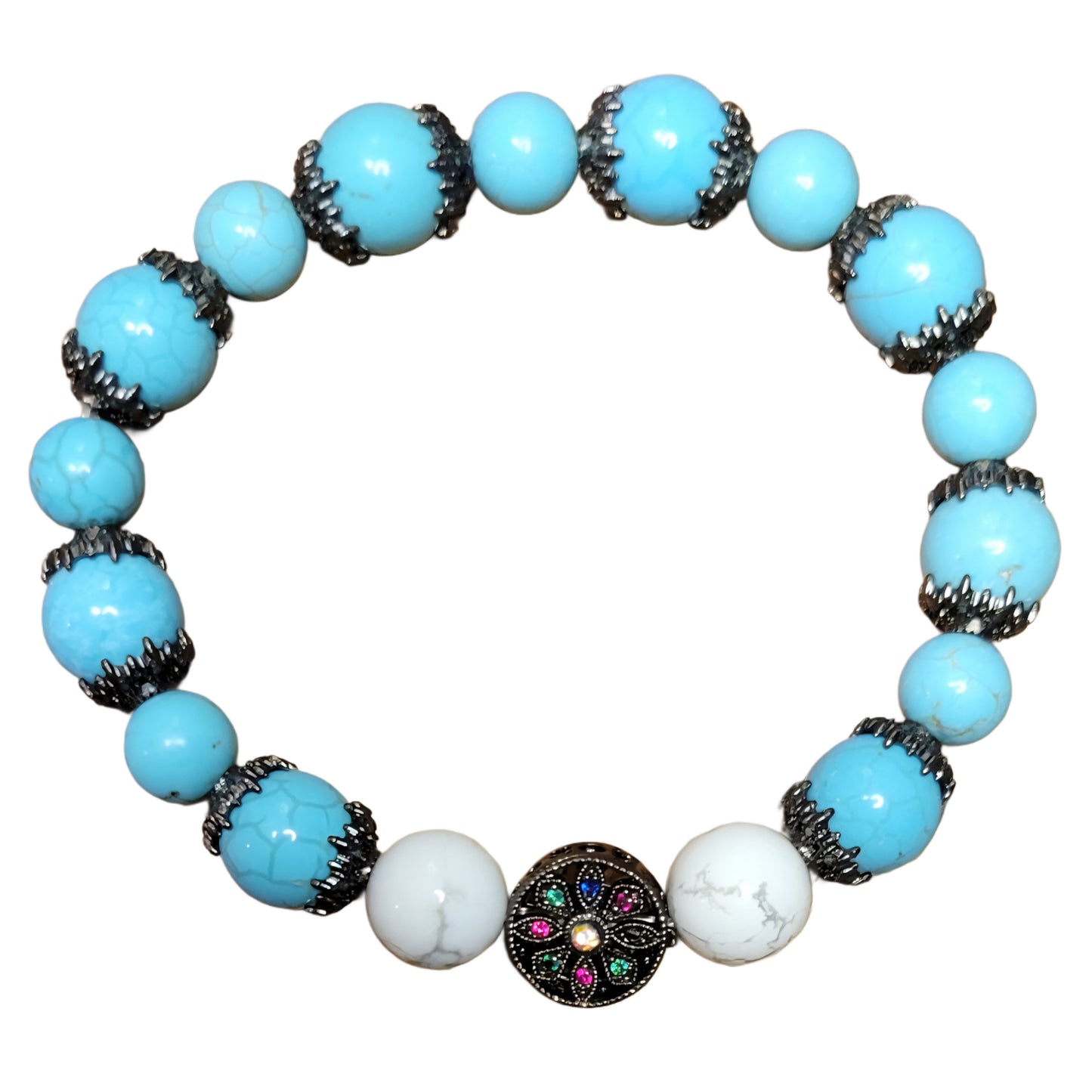Crystal Bracelet- blue and white Howlite with black spacers and multi-colored charm