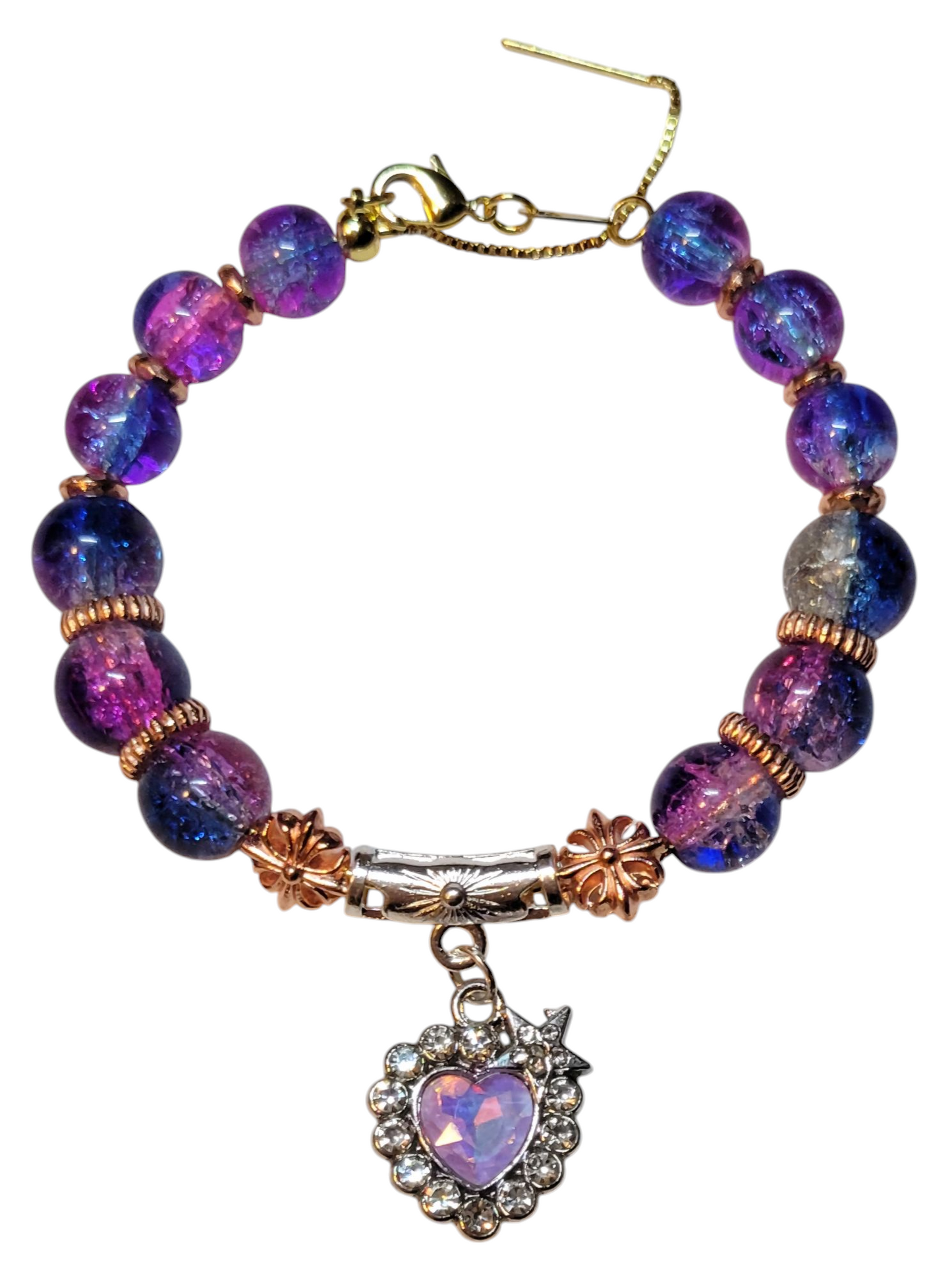 Glass Bead Bracelet- Adjustable Slide- Purple/Blue w/ Heart Pendent