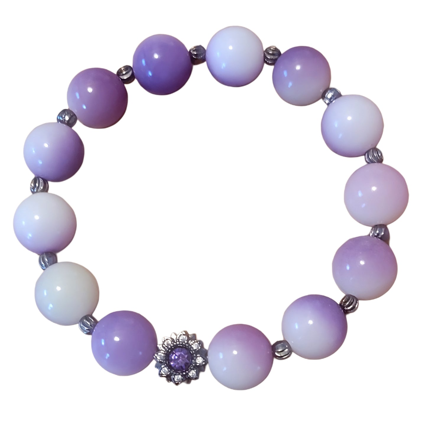 Bodhi Bracelet- purple/white with black spacers and purple flower charm