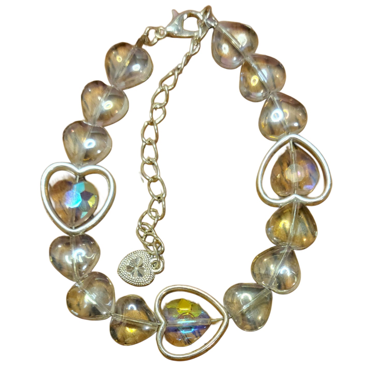 Glass Bead Bracelet- Adjustable w/ Clear Hearts & Heart Frames