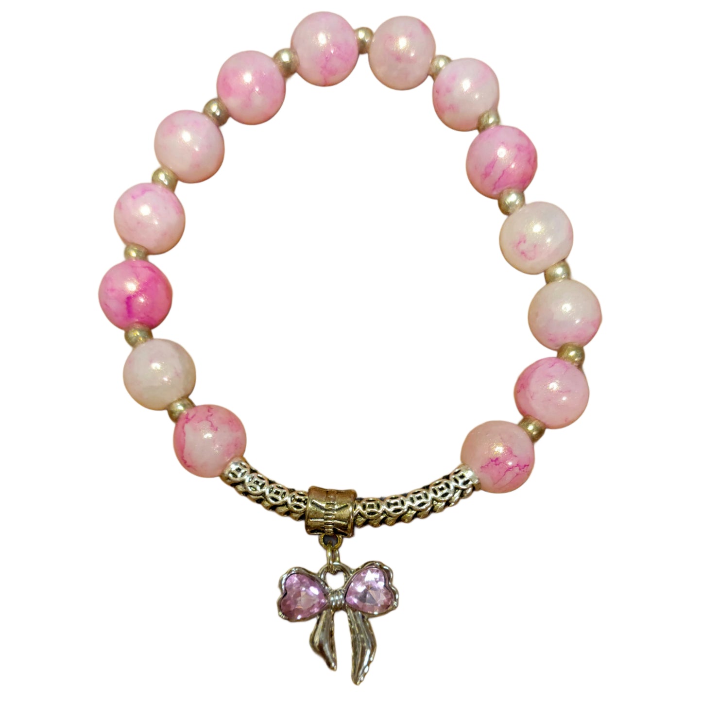Glass Bead Bracelet- Pink w/Silver Spacers & Bangle w/ Bow Pendent