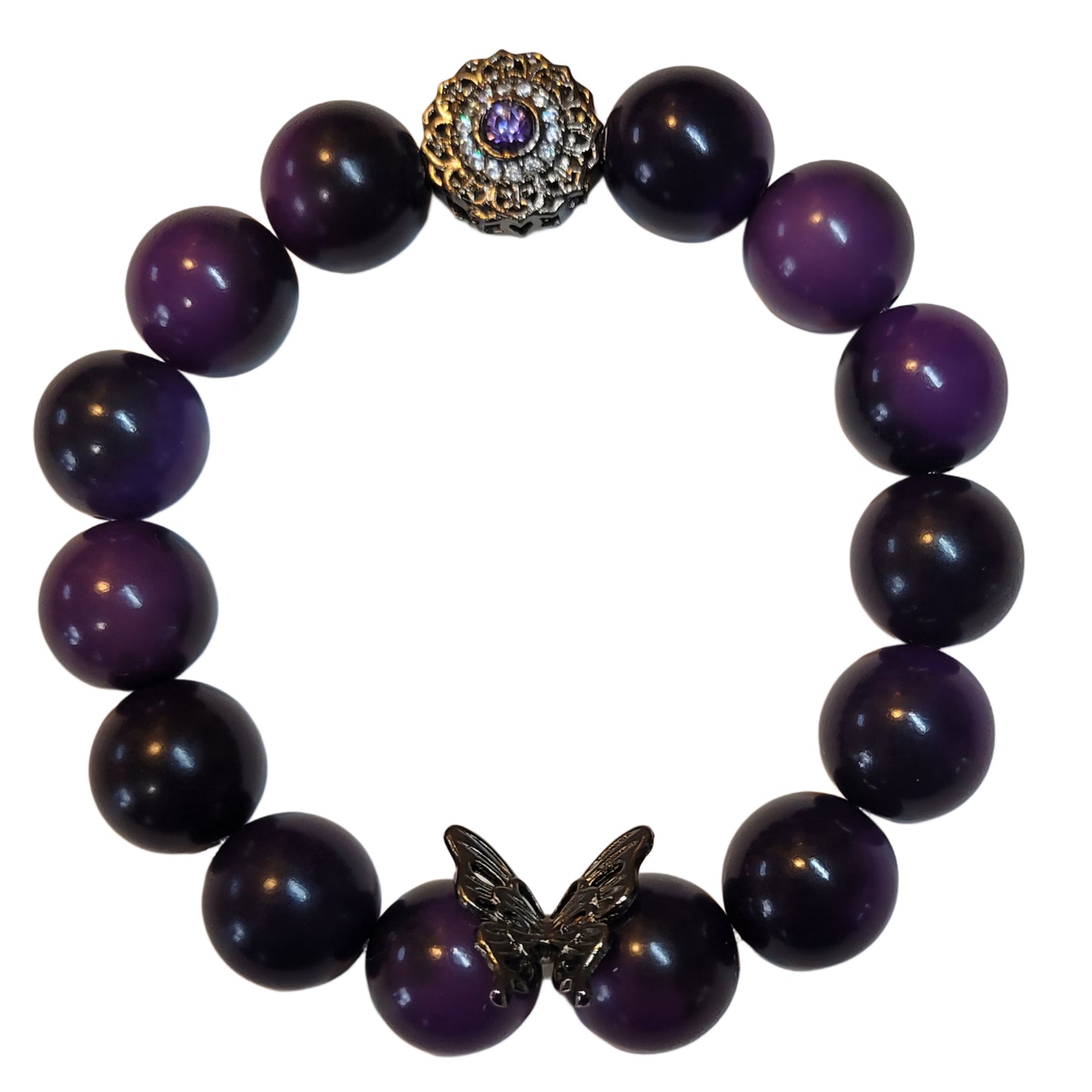 Bodhi Bracelet- Purple/Black with round charm and black butterfly