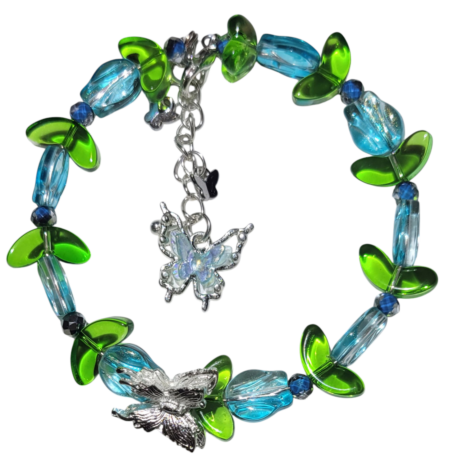 Glass Bead Bracelet- Adjustable blue tulip with green leaves and butterfly charm