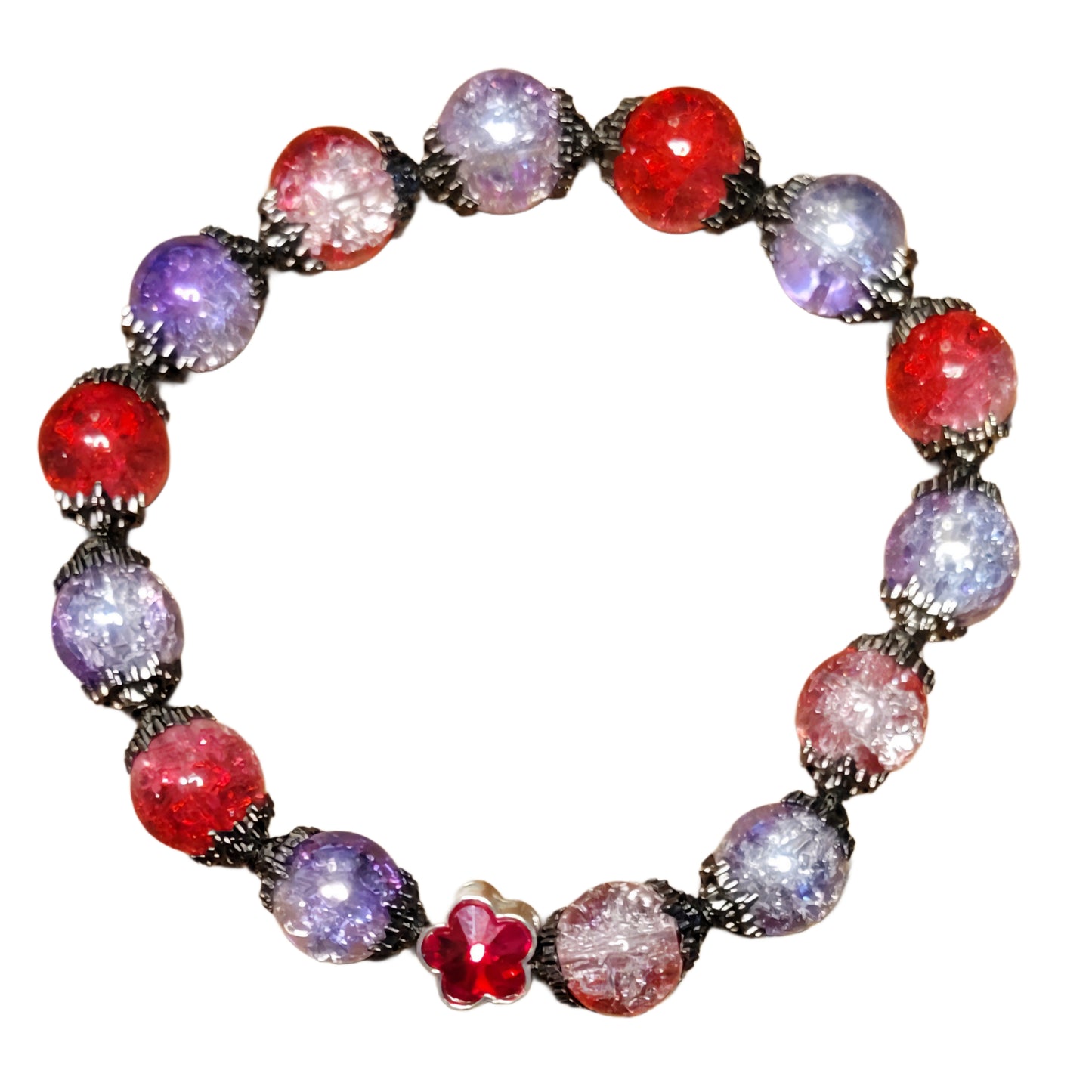 Glass Bead Bracelet- Red & Purple w/ Black Spacers & Red Flower Charm