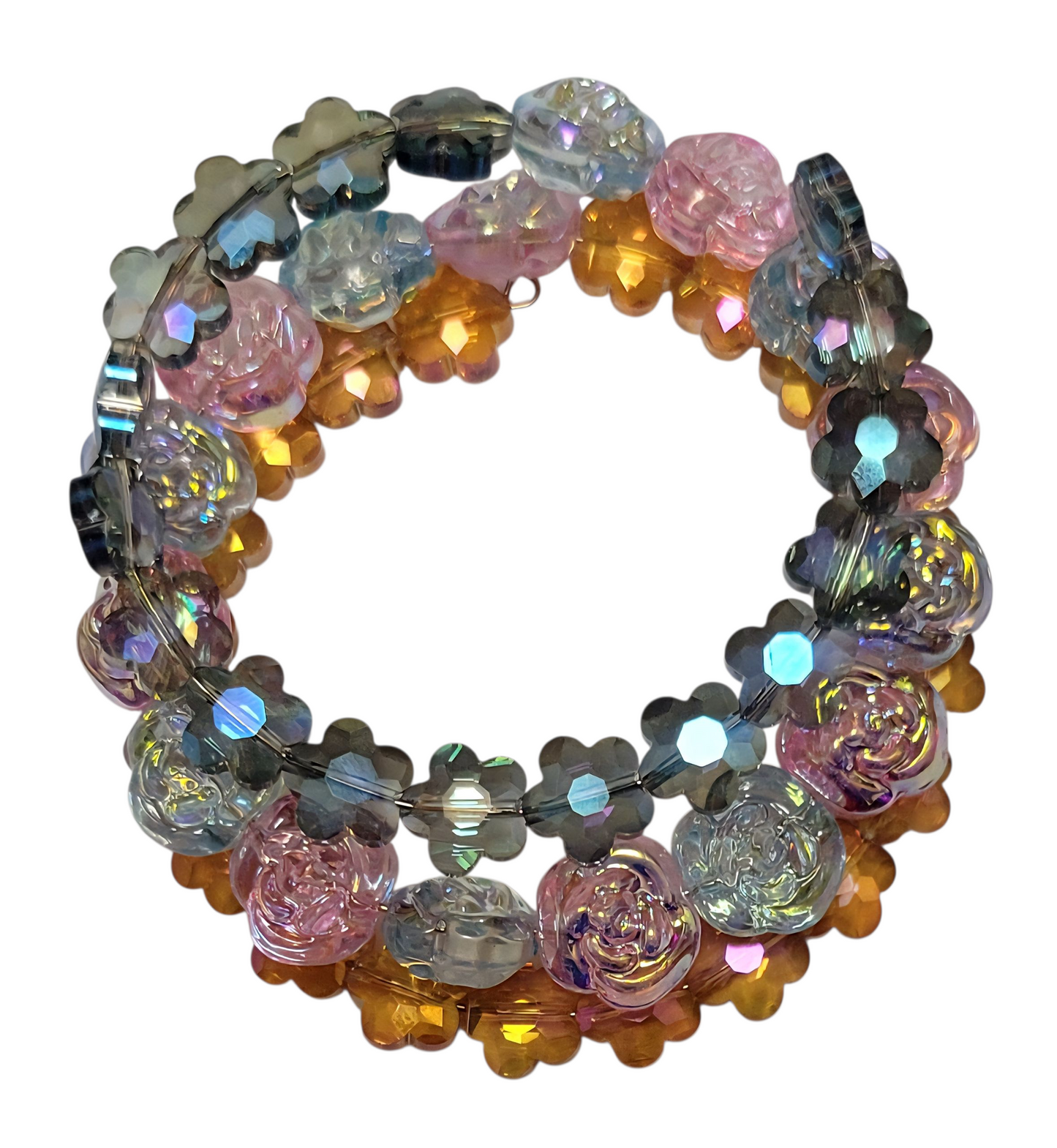 Glass Bead Bracelet- Wrap-Around- Faceted Flowers & Roses