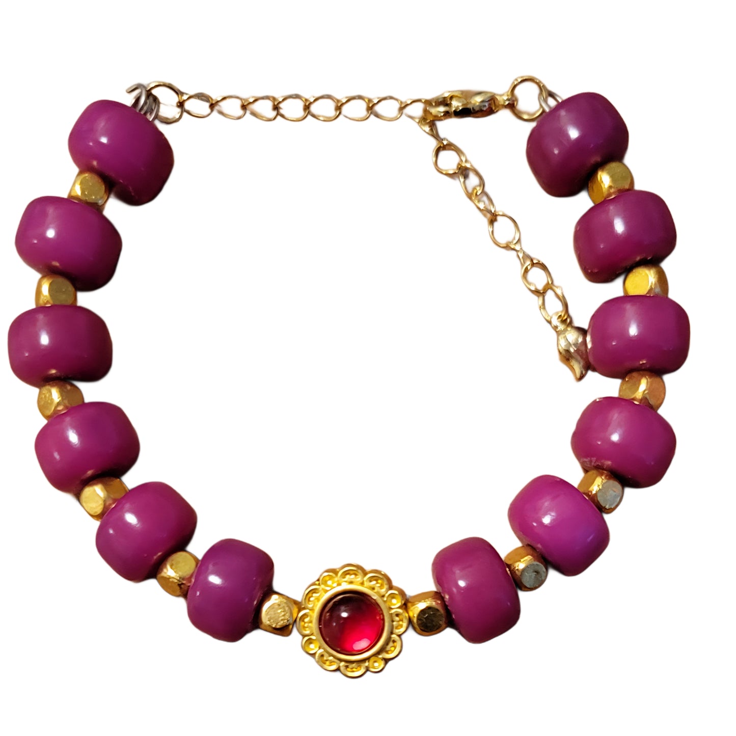 Bodhi Bracelet- Adjustable Pink with gold spacers and red golden charm