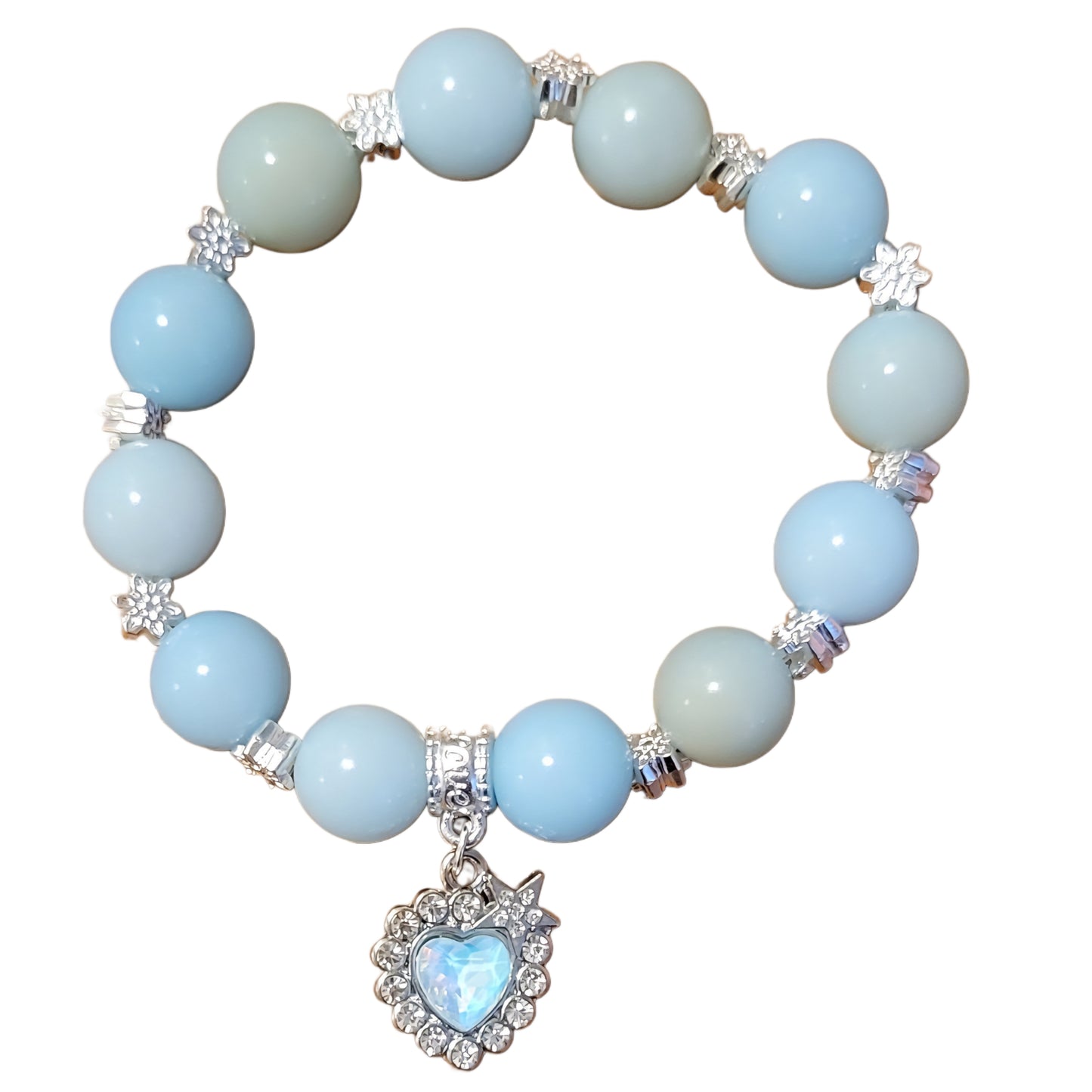 Bodhi Bracelet- Baby Blue with silver flower spacers and blue heart charm