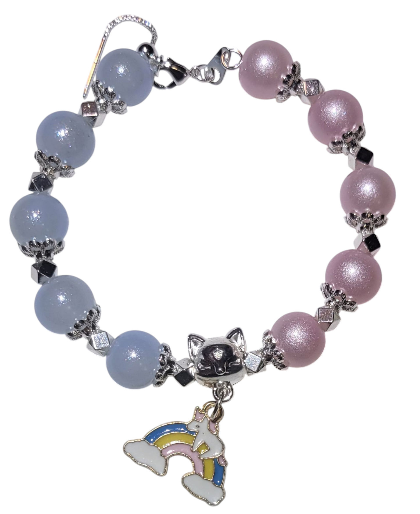 Glass Bead Bracelet- Adjustable Slide- blue and pink with rainbow charm