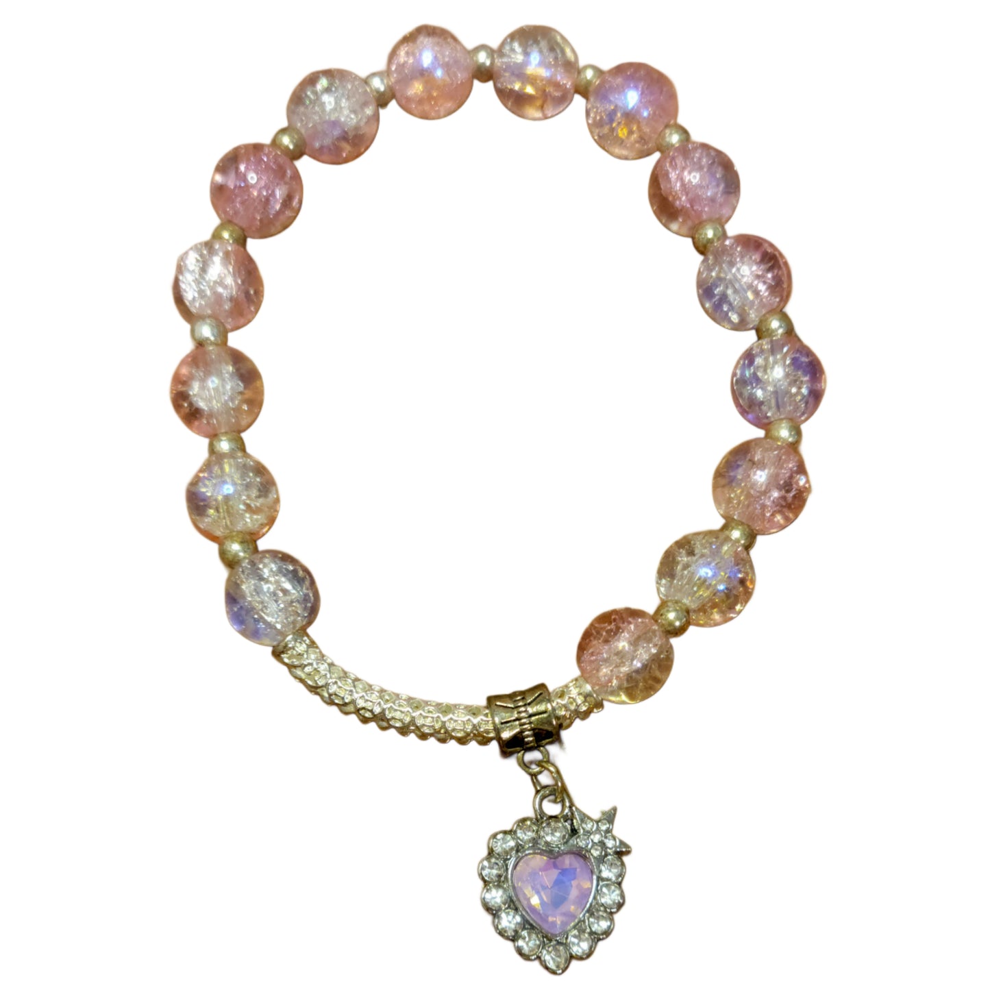 Glass Bead Bracelet- Pink w/ Silver Spacers & Bangle w/Heart Charm