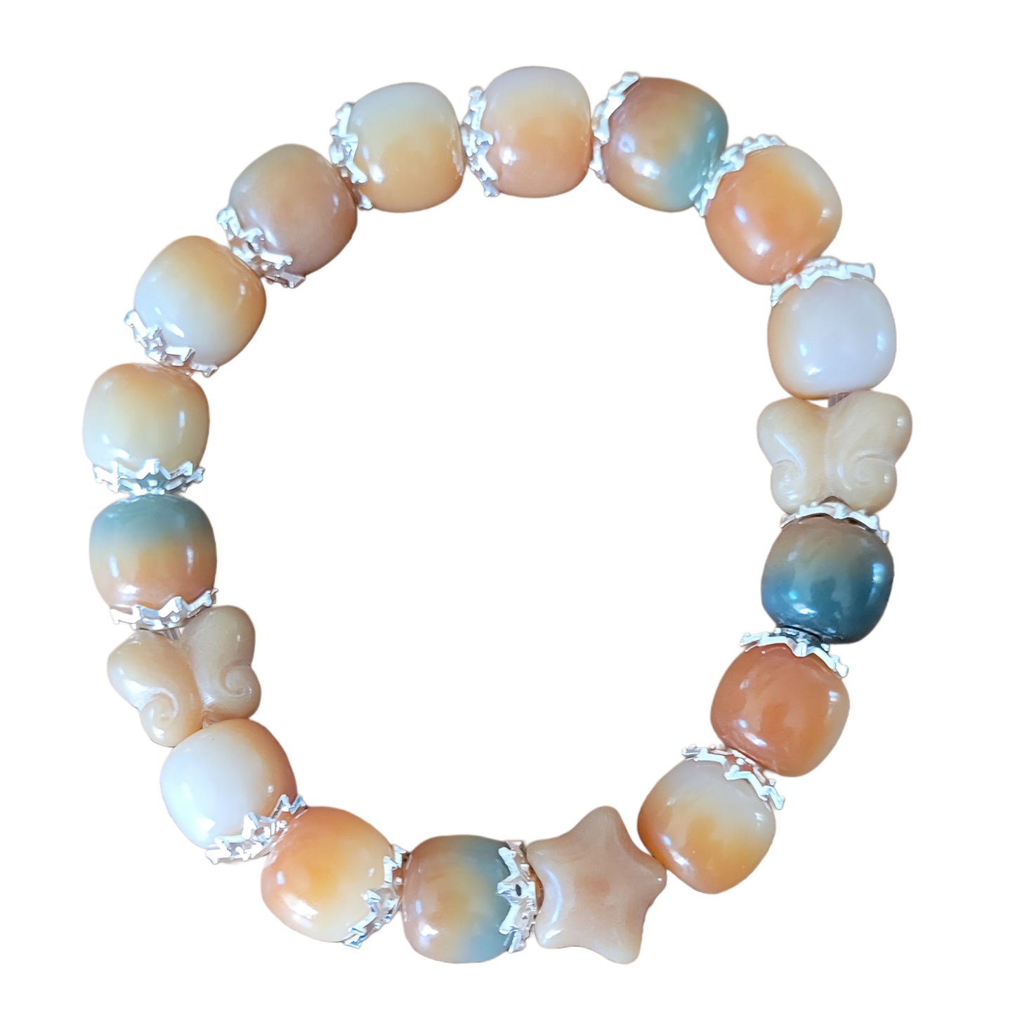 Bodhi Bracelet- Brown/green with silver caps and star and butterfly beads