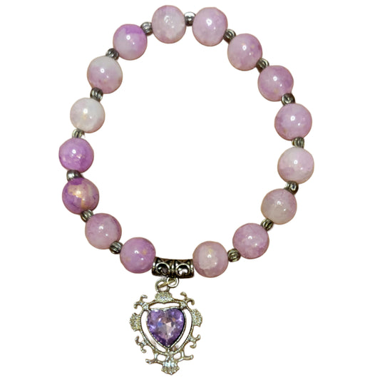 Glass Bead Bracelet- Purple w/ Black Spacers & Large Purple Heart Pendent