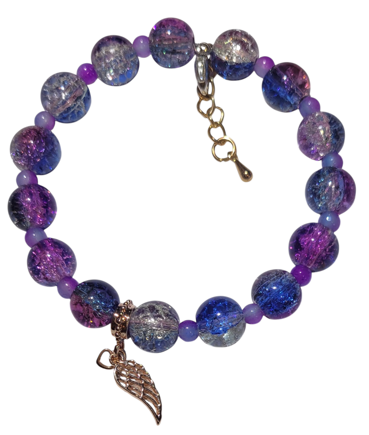 Glass Bead Bracelet- Adjustable- Purple/Blue with wing charm