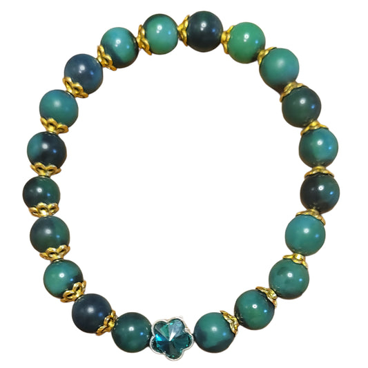 Bodhi Bead Bracelet- Green w/ Gold Caps & Green Flower Charm