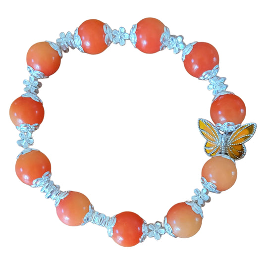 Bodhi Bracelet- Orange with silver flower spacers and caps and butterfly charm