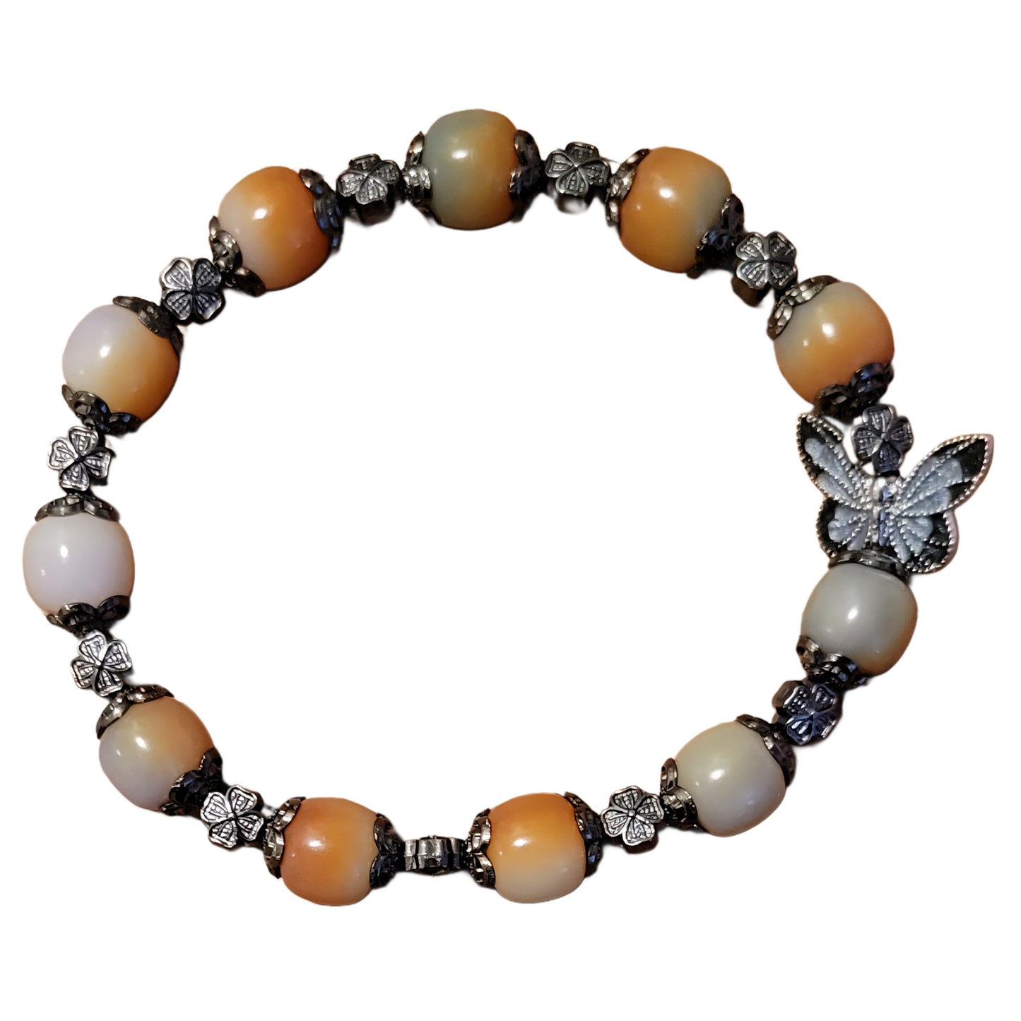 Bodhi Bracelet- Brown/white with black caps and spacers and Butterfly charm