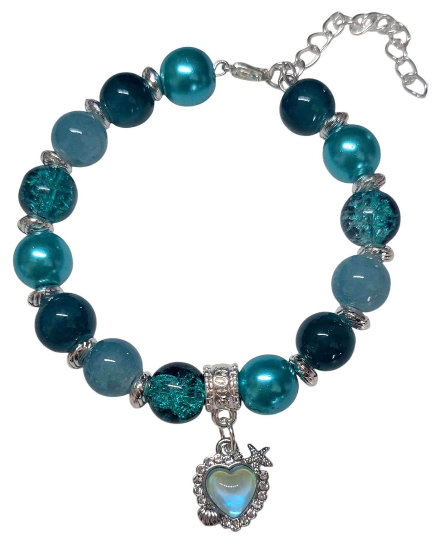 Glass Bead Bracelet- Adjustable - Teal w/ Heart Pendent