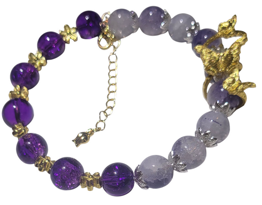 Glass Bead Bracelet- Adjustable-Purple w/Golden Butterfly