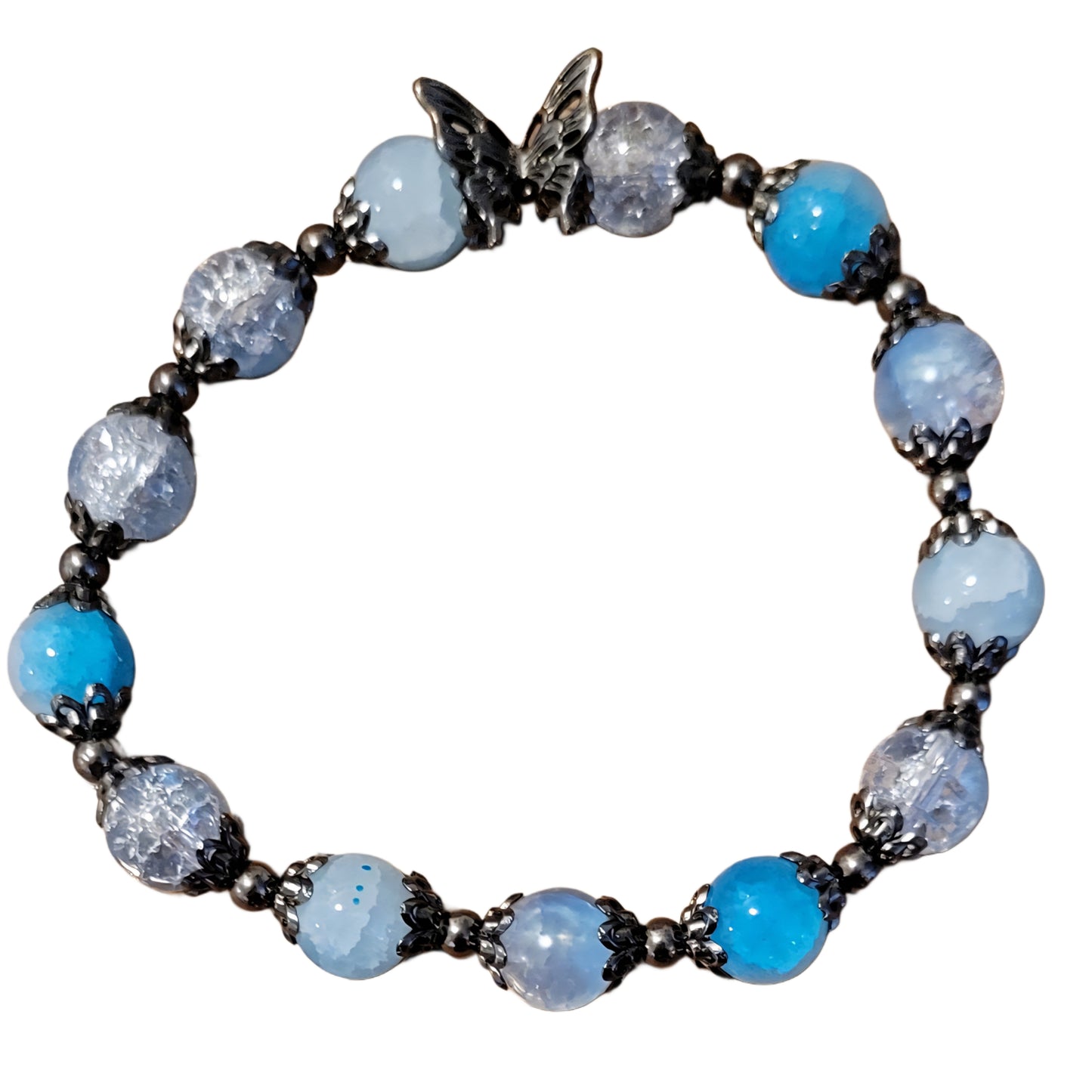 Glass Bead Bracelet- Blue with black spacers and caps with black butterfly charm