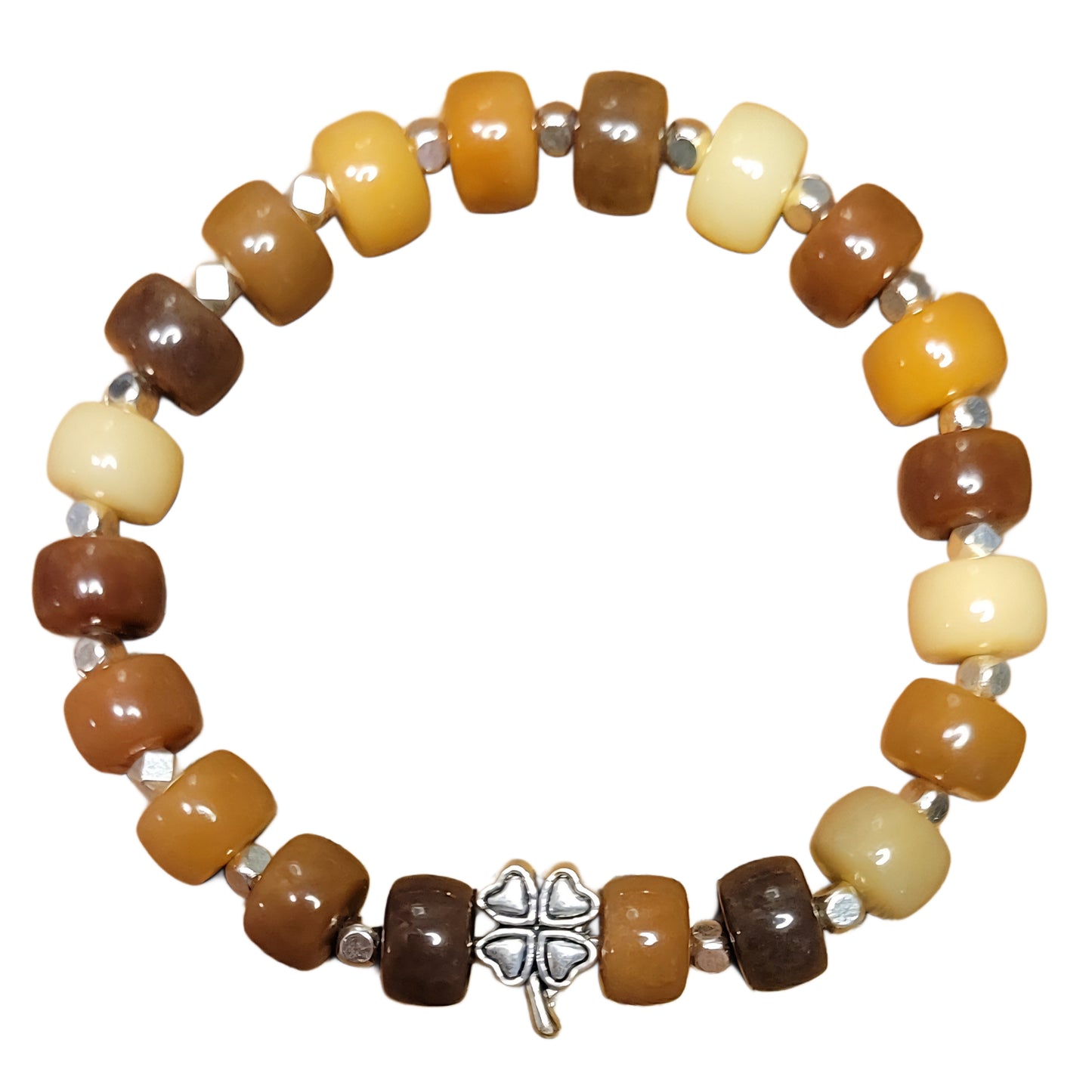 Bodhi Bracelet- Brown pill with silver spacers and silver clover charm