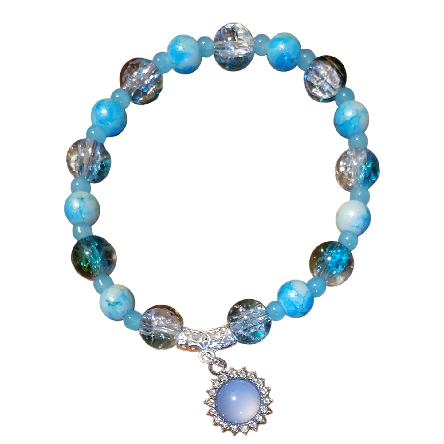 Glass Bead Bracelet- Blue with Blue Sun Charm