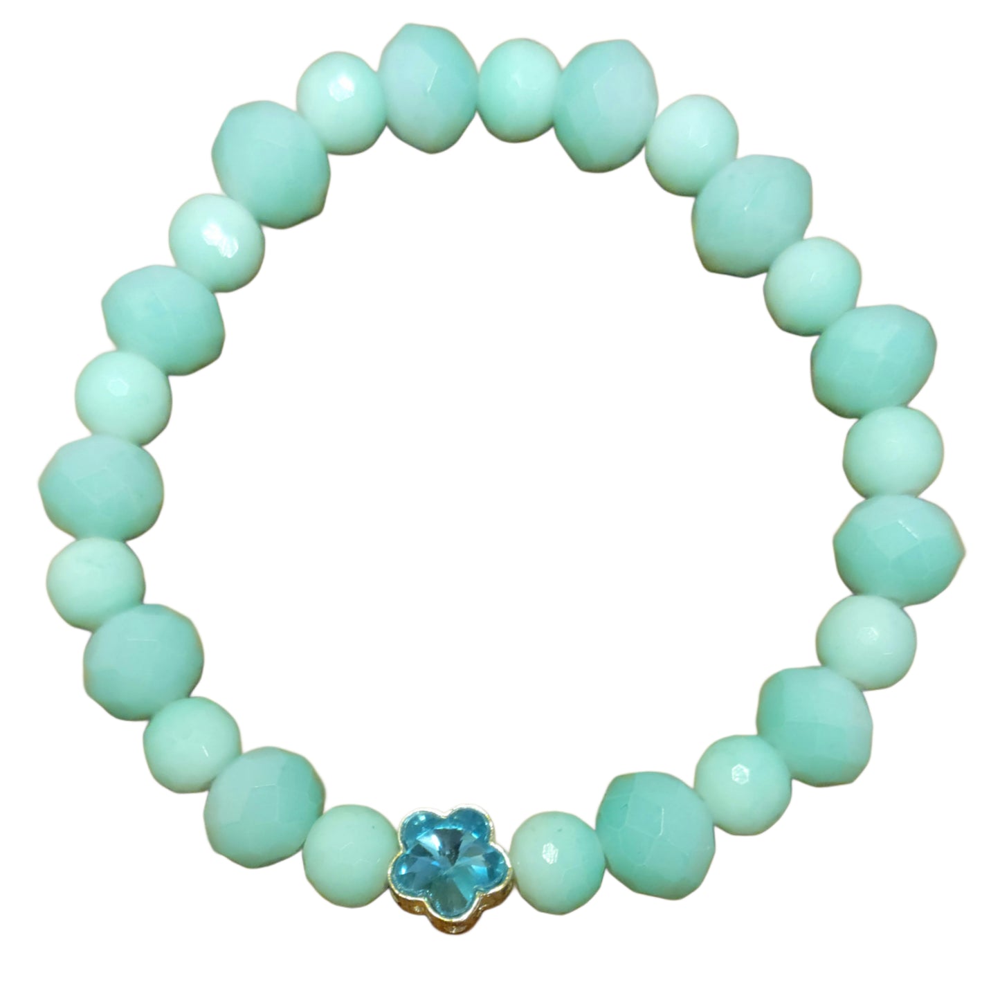 Glass Bead Bracelet- Aqua Faceted w/ Blue Flower Charm