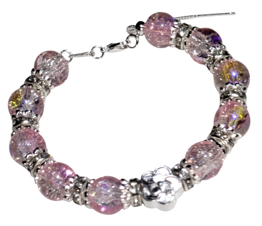 Glass Bead Bracelet- Adjustable Slide- Pink w/ silver flower charm