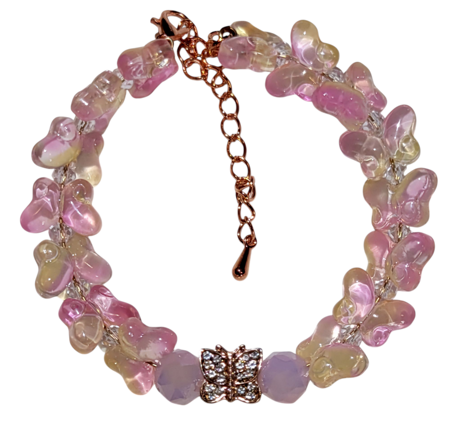 Glass Bead Bracelet- Adjustable Pink Butterfly with Butterfly Charm
