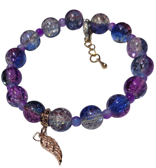 Glass Bead Bracelet- Adjustable- Purple/Blue with wing charm