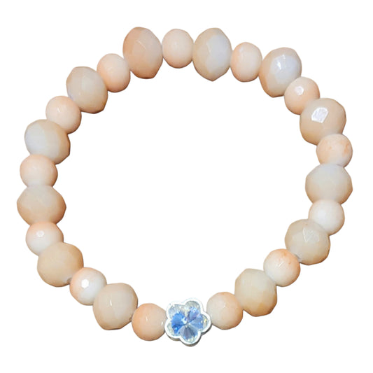 Glass Bead Bracelet- Light Orange Faceted w/ Flower Charm