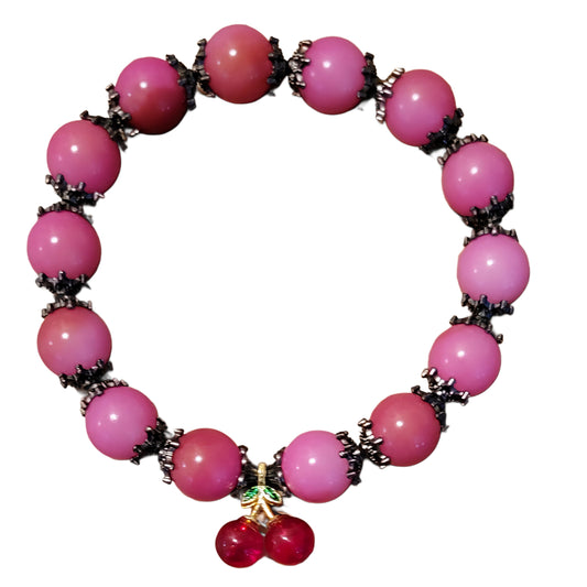 Bodhi Bracelet- Pink with black caps and Cherry charm