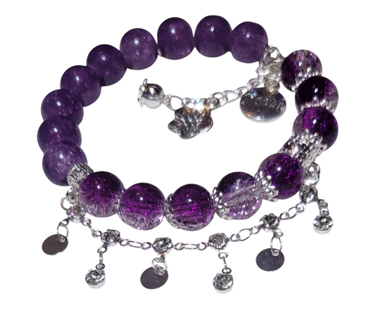Glass Bead Bracelet- Adjustable purple with flower charm