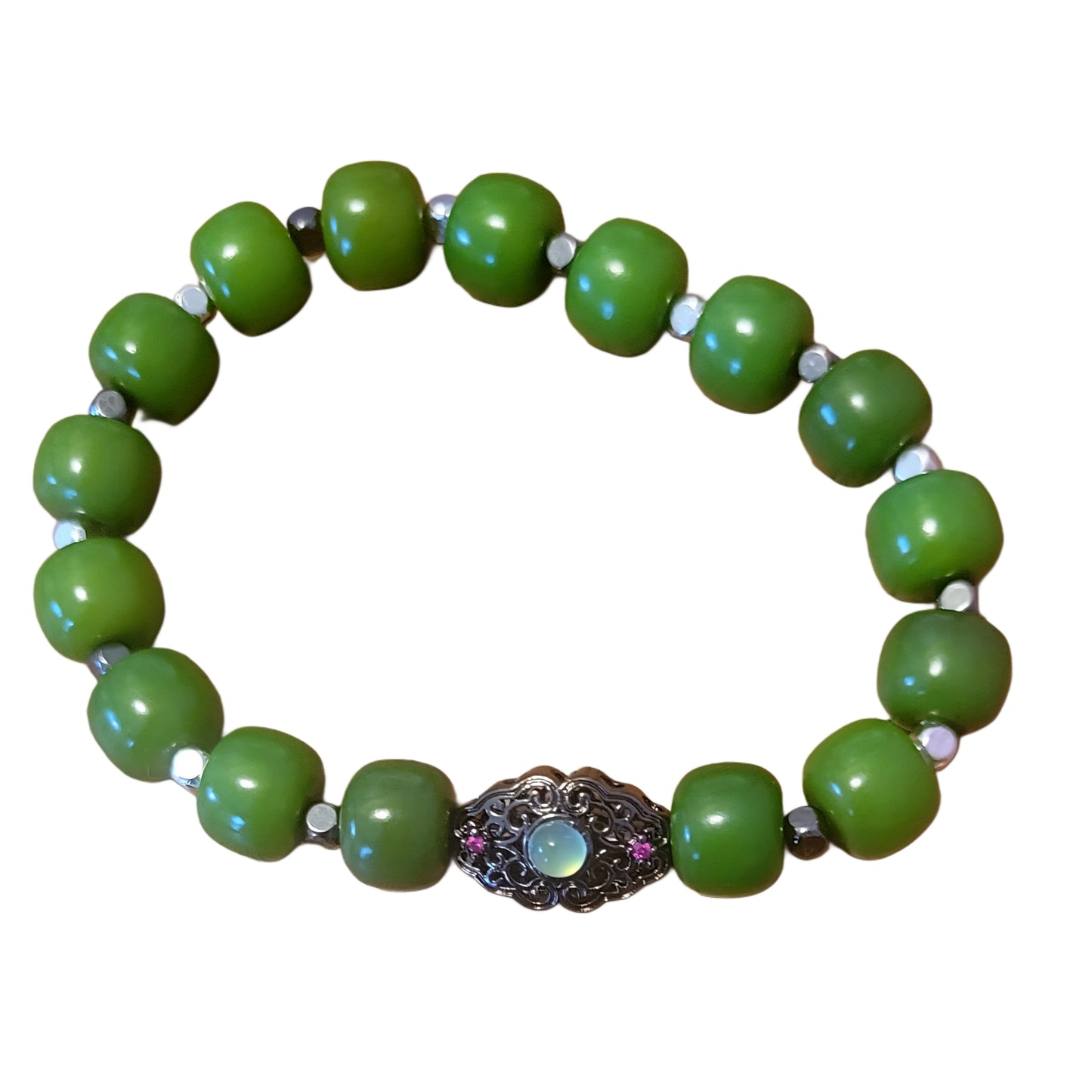 Bodhi Bracelet- Green black and silver spacers with black charm