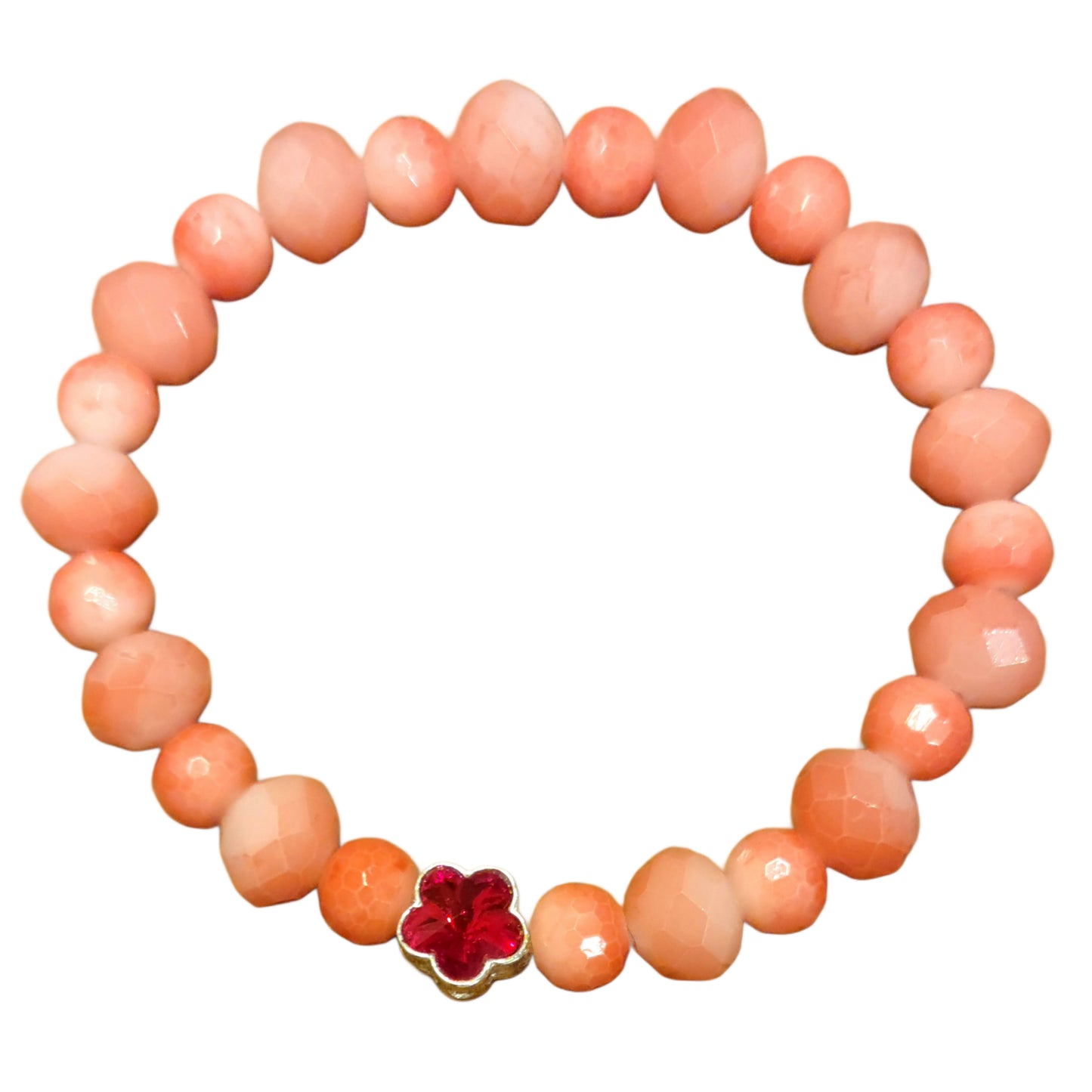 Glass Bead Bracelet- Peach Faceted w/ Red Flower Charm