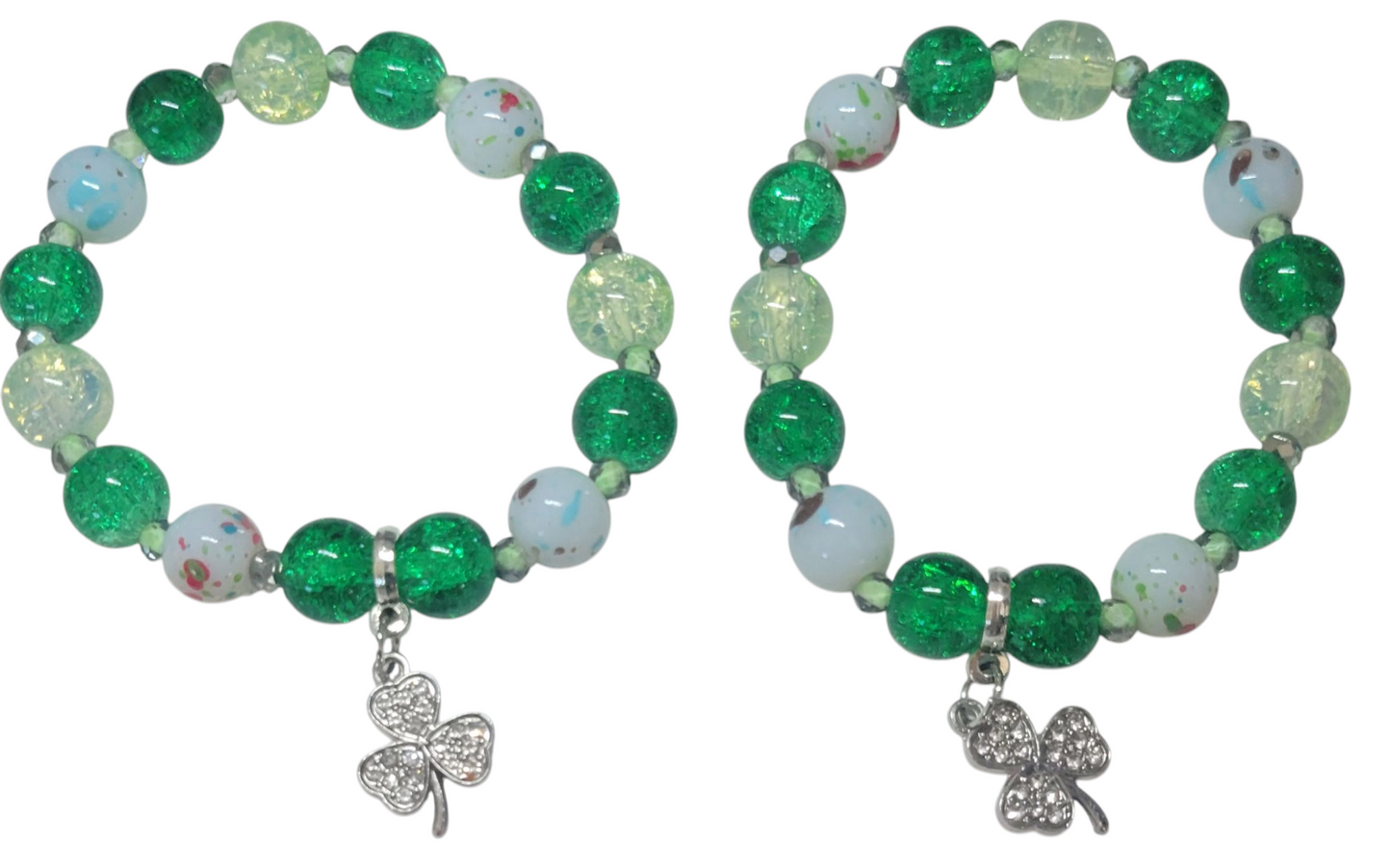 Glass Bead Bracelet- Green w/ Clover Pendent