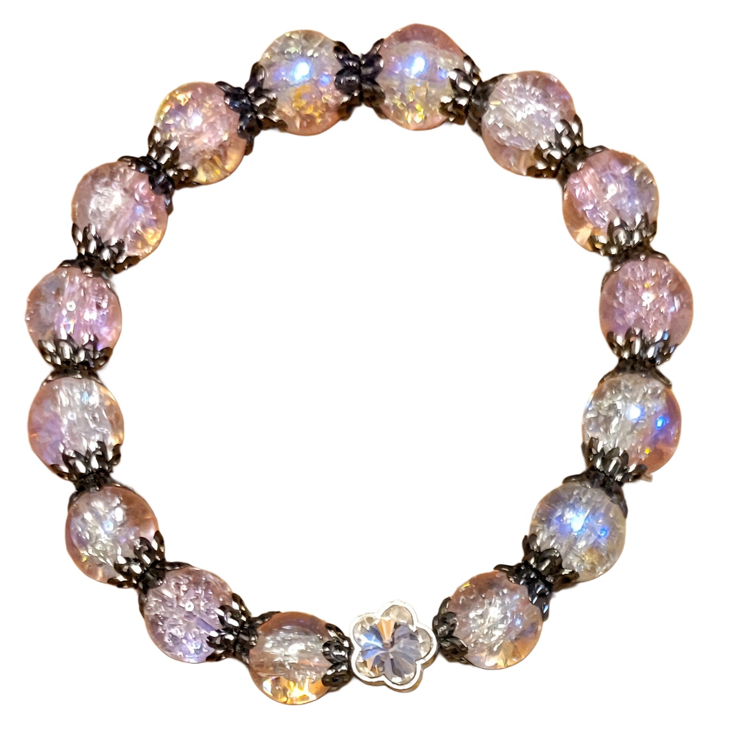 Glass Bead Braclet- Light Pink w/ Black Caps & Flower Charm
