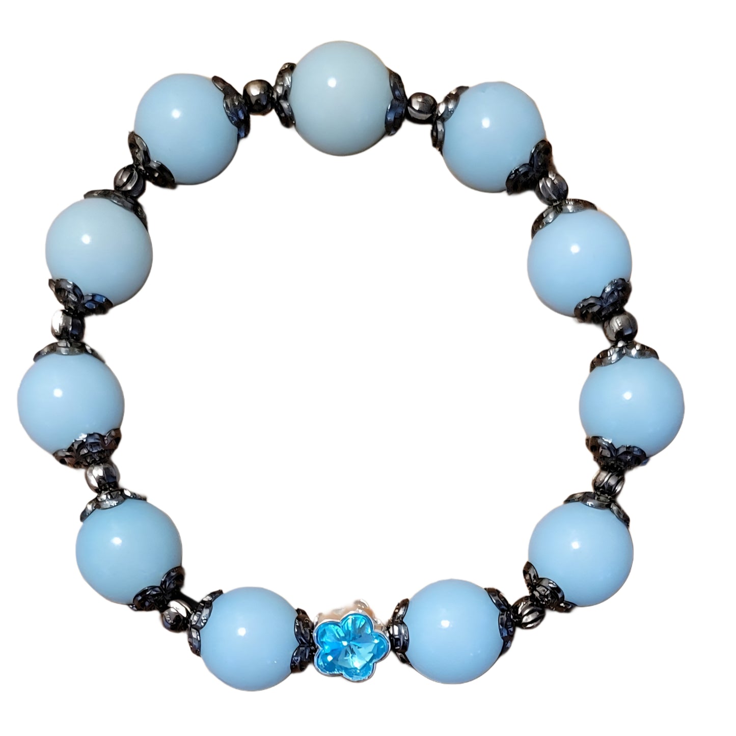 Bodhi Bracelet- Light Blue with black spacers and caps and blue flower charm