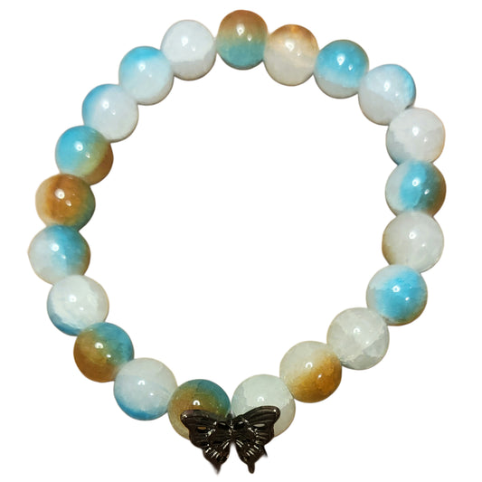Glass Bead Bracelet- Lt Blue/Brown/White w/ Black Butterfly Charm