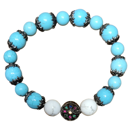 Crystal Bracelet- blue and white Howlite with black spacers and multi-colored charm