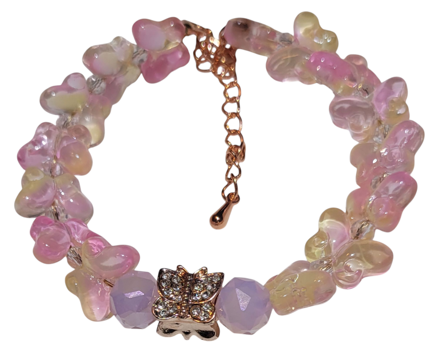 Glass Bead Bracelet- Adjustable Pink Butterfly with Butterfly Charm