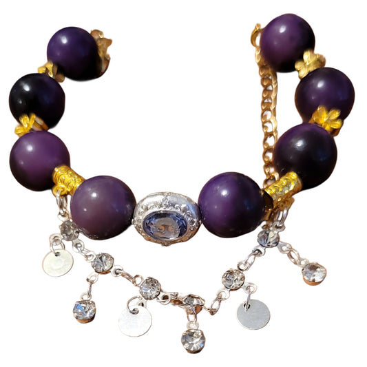 Bodhi Bracelet- Adjustable Purple/Black with golden flower spacers and silver charm and silver chain
