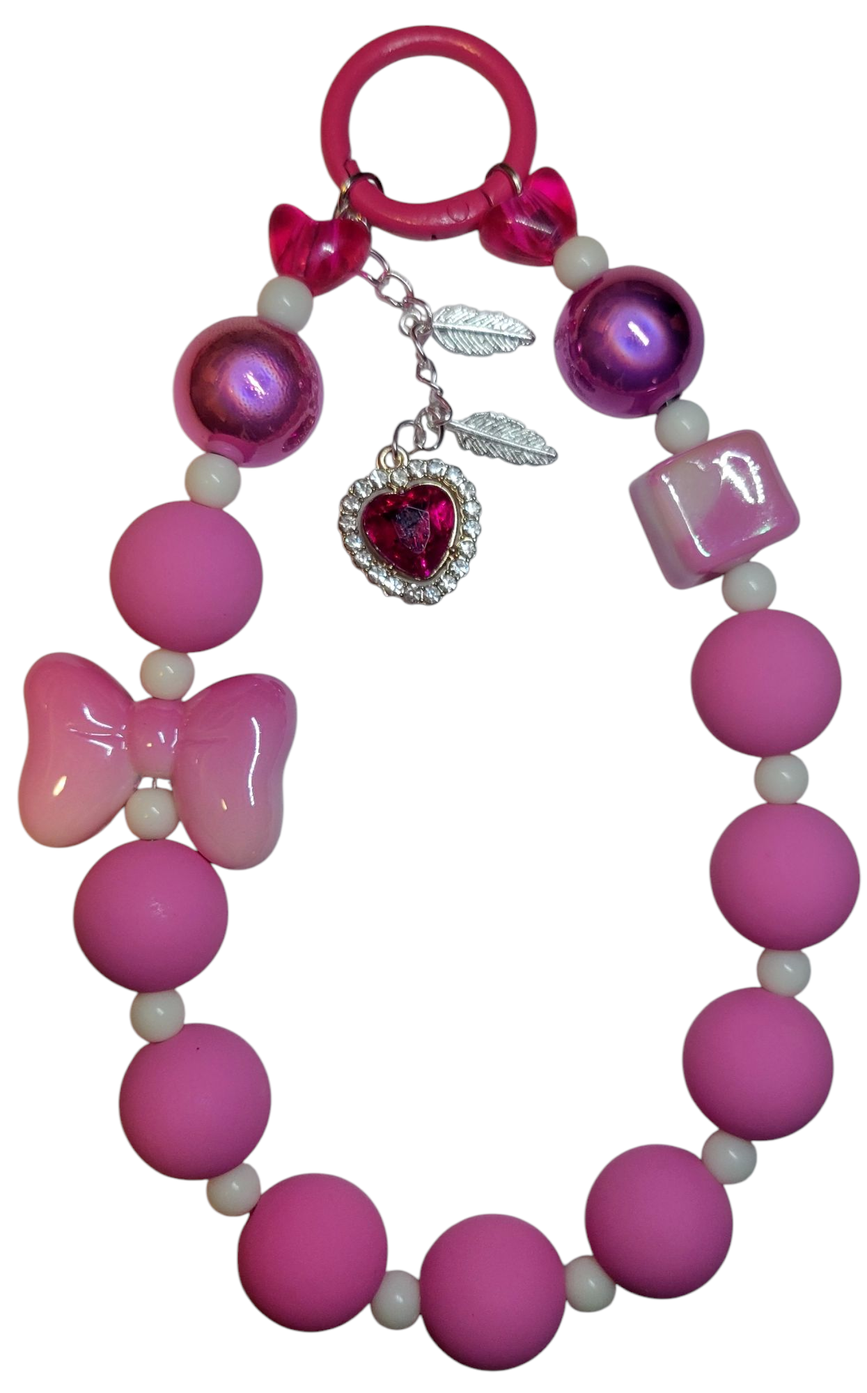 Keychain- Pink Bow w/ Red Heart Charm
