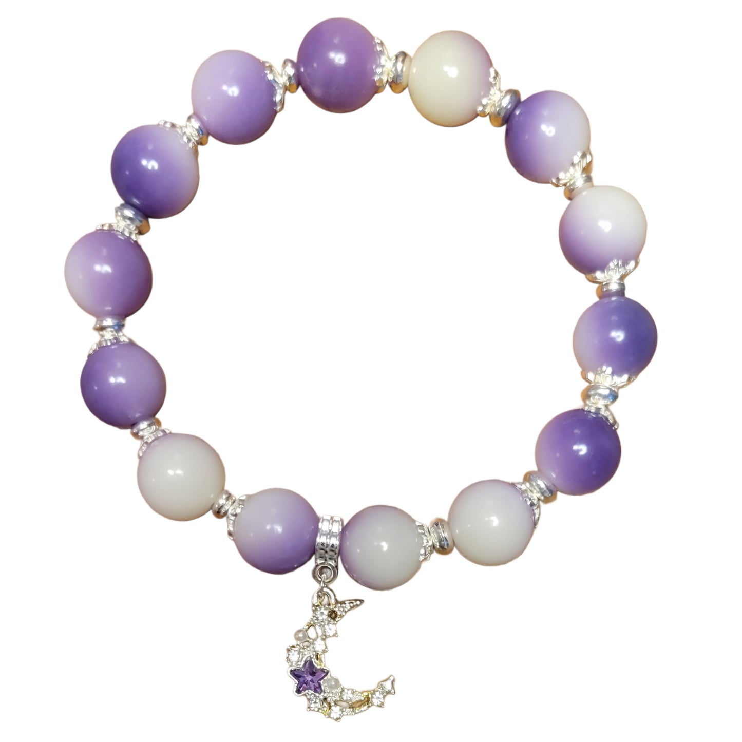 Bodhi Bracelet- Purple/White with silver spacers and caps and moon charm