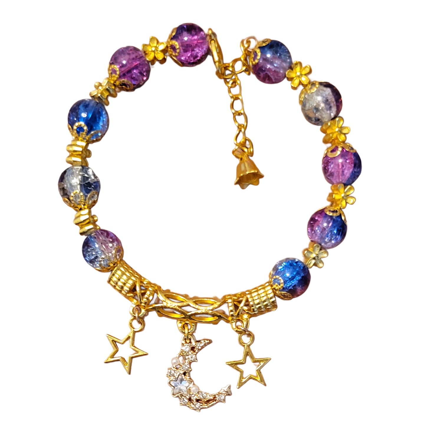 Glass Bead Adjustable Bracelet- purple/blue w/ moon & star charm