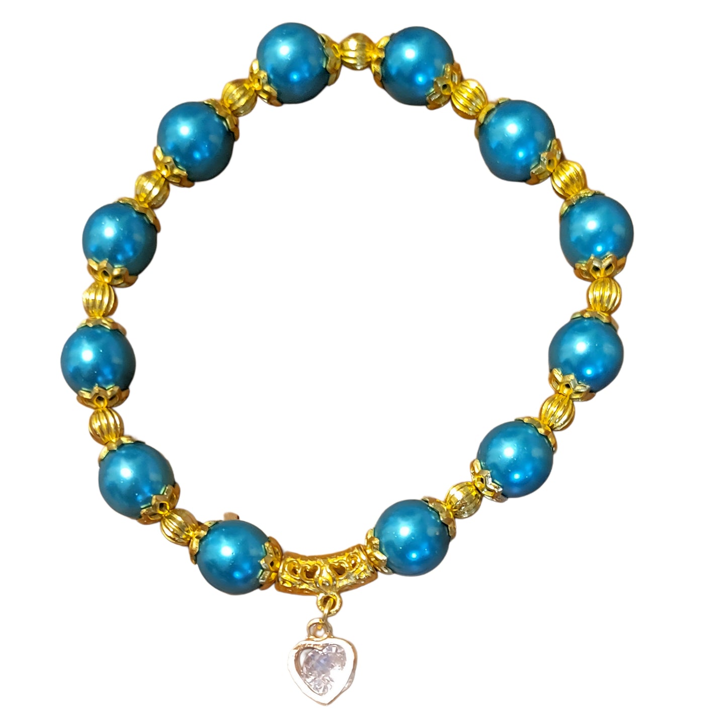 Glass Bead Bracelet- Teal w/ Gold Spacers & Heart Pendent